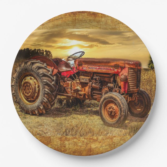 Vintage Red Farm Tractor Paper Plate (Front)