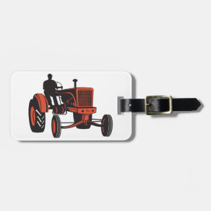 Vintage Red Farm Tractor Retro Farmer Luggage Tag