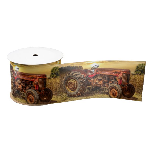 Vintage Red Farm Tractor Satin Ribbon (Spool)