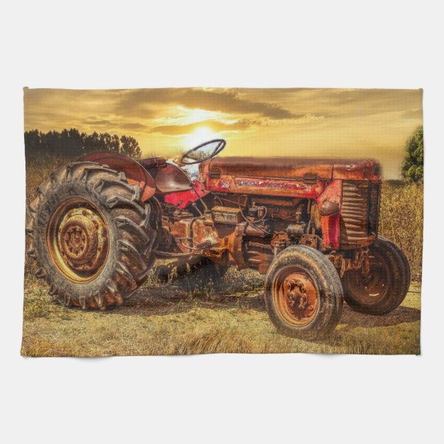 Vintage Red Farm Tractor Tea Towel (Horizontal)