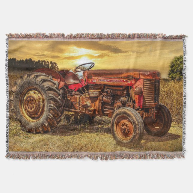 Vintage Red Farm Tractor Throw Blanket (Front)