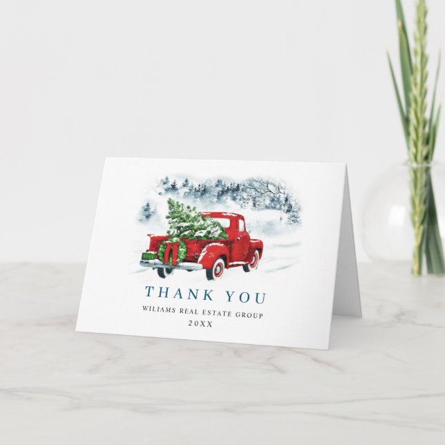 Vintage Red Farm Truck Christmas Corporate Holiday Thank You Card (Front)