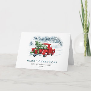 Vintage Red Farm Truck Christmas Greeting Holiday Card
