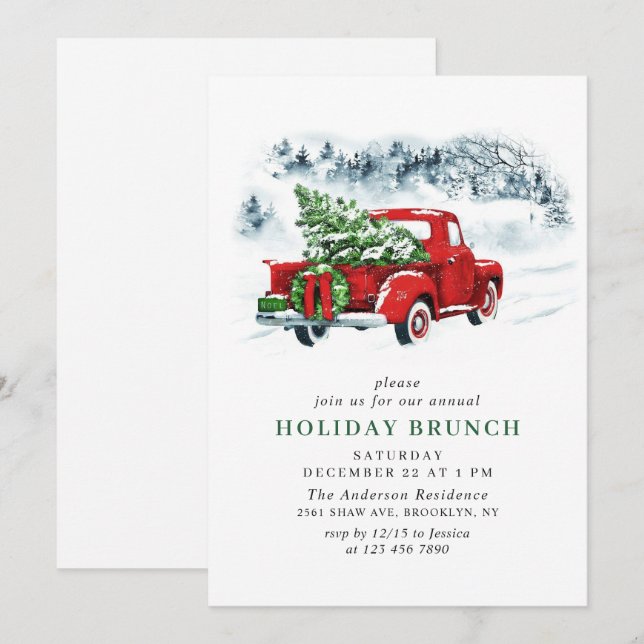 Vintage Red Farm Truck Christmas HOLIDAY BRUNCH Invitation (Front/Back)