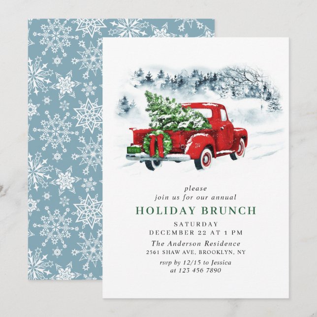 Vintage Red Farm Truck Christmas HOLIDAY BRUNCH Invitation (Front/Back)