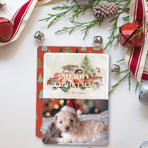 Vintage Red Farm Truck Christmas Tree Dogs Photo Foil Holiday Card