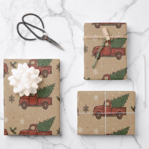 Vintage Red Farm Truck Christmas Tree Wrapping Paper Sheet