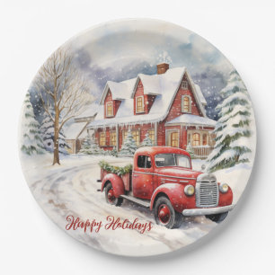 Vintage Red Farm Truck Decorated For Christmas Paper Plate