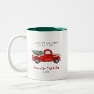 Vintage Red Farm Truck First Christmas Mr & Mrs Two-Tone Coffee Mug
