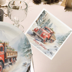 Vintage Red Farm Truck Loaded For Christmas Napkin