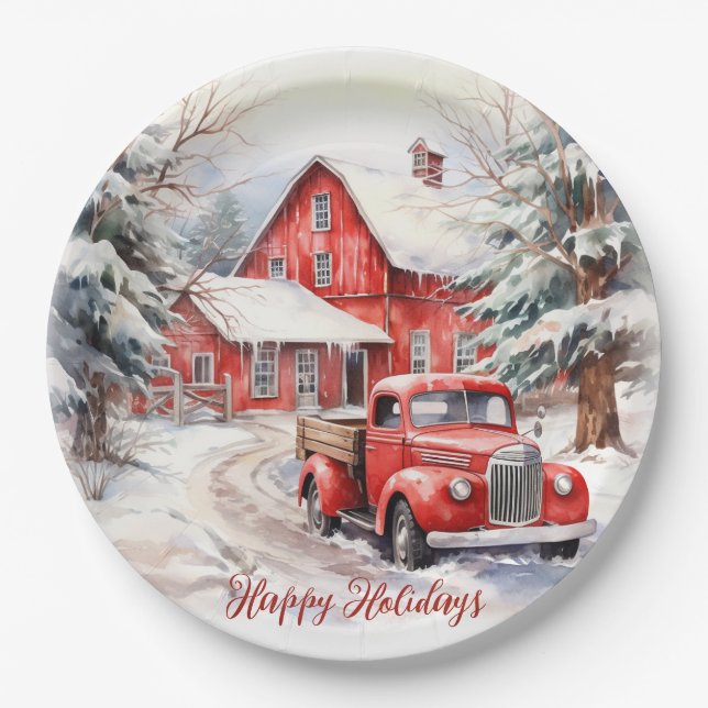 Vintage Red Farm Truck Red Barn Paper Plate (Front)
