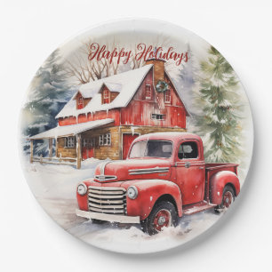 Vintage Red Farm Truck Red Barn Paper Plate