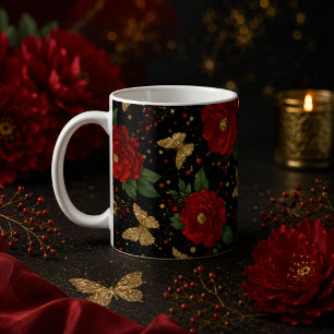 Vintage Red Floral Coffee Mug Gold Butterfly Chic 