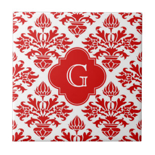 Vintage Red Floral Damask #3 with Monogram LG Tile