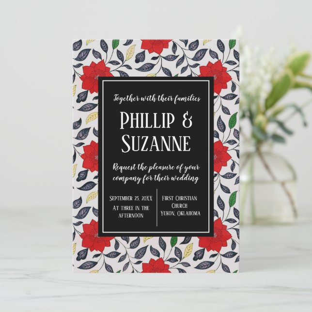 Vintage Red Floral Pattern Wedding Invitation (Standing Front)