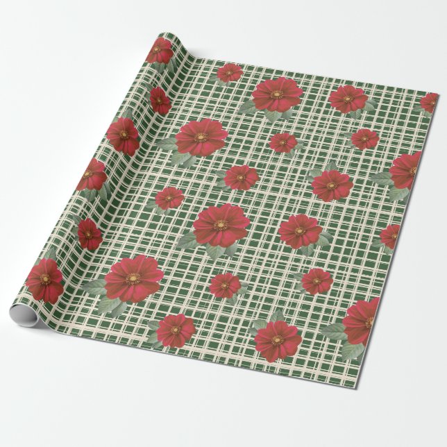 Vintage Red Floral Pattern Wrapping Paper (Unrolled)