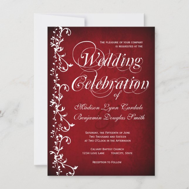 Vintage Red Floral Swirls Wedding Invitations (Front)
