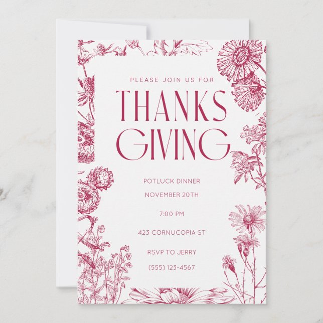 Vintage Red Floral |Thanksgiving | Fall Invitation (Front)