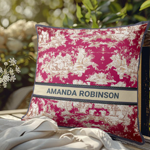 Vintage Red Floral Toile de Jouy Monogram Cushion