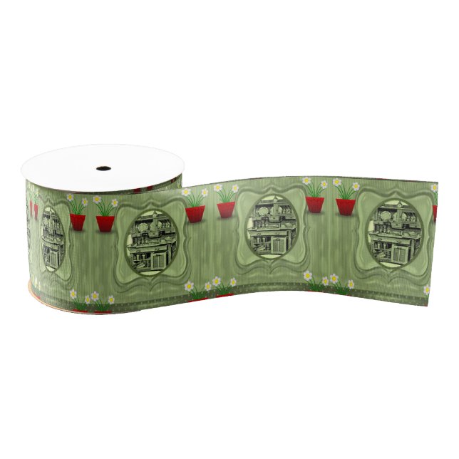 vintage red flower pot ribbon grosgrain ribbon (Spool)