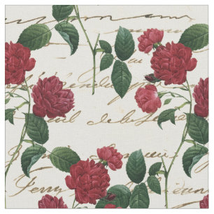 Vintage Red Flowers and Cursive Writing on Ivory Fabric