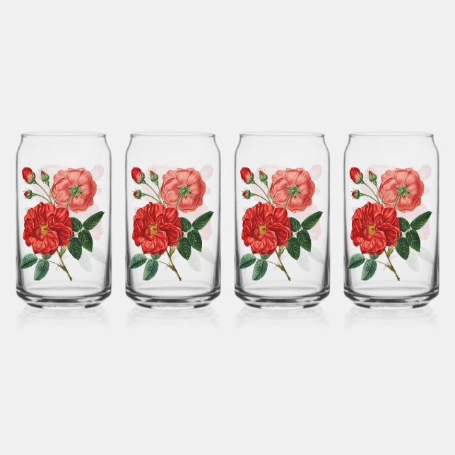 Vintage Red Flowers Can Glass (Front)