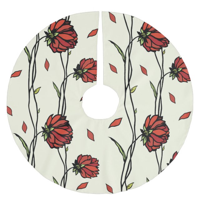 Vintage Red Flowers Illustration Brushed Polyester Tree Skirt (Front)