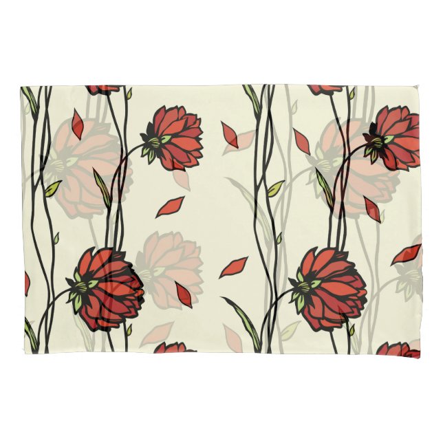 Vintage Red Flowers Illustration Pillowcase (Front)
