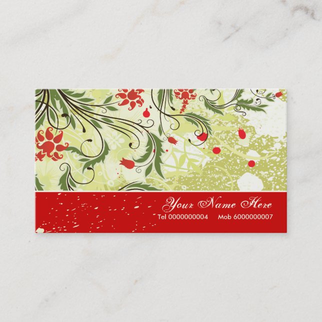 Vintage red flowers olive green grunge business card (Front)