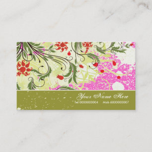 Vintage red flowers olive green hot pink grunge business card