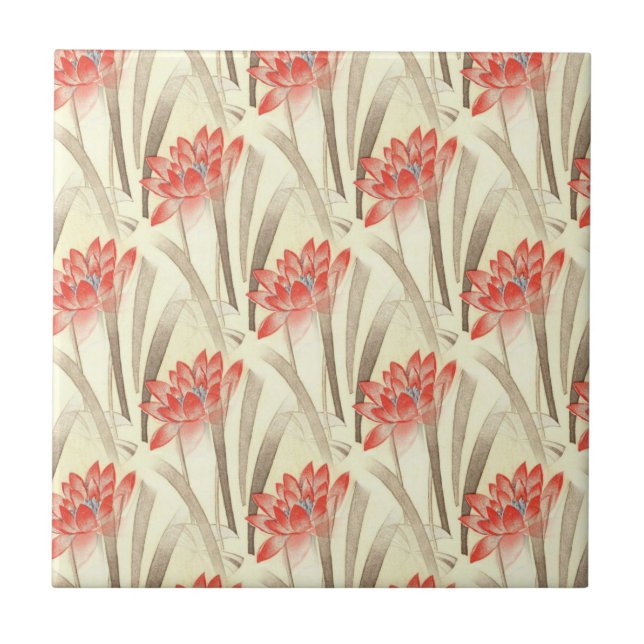 Vintage Red Flowers on Beige Pattern Tile (Front)