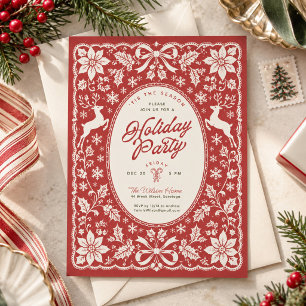 Vintage Red Folk Art Lace Reindeer Holiday Party Invitation