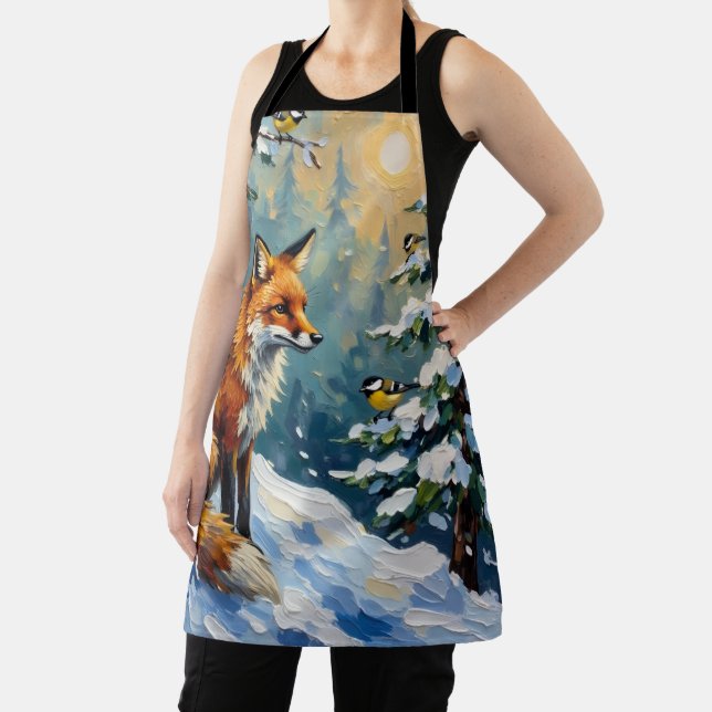 Vintage Red Fox and Chickadees Christmas Painting Apron (Insitu)