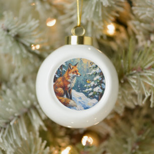 Vintage Red Fox and Chickadees Christmas Painting Ceramic Ball Christmas Ornament