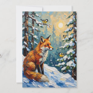 Vintage Red Fox and Chickadees Christmas Painting Holiday Card