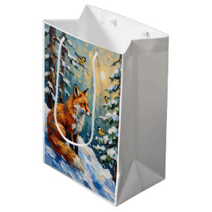 Vintage Red Fox and Chickadees Christmas Painting Medium Gift Bag