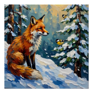 Vintage Red Fox and Chickadees Christmas Painting Poster