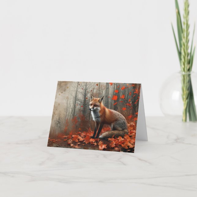 Vintage Red Fox Autumn Foliage Blank Note Card (Front)