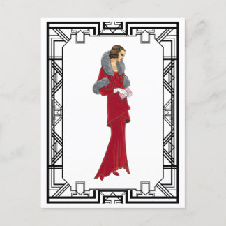 Vintage Red Fur Coat Retro Fashion Illustration Postcard