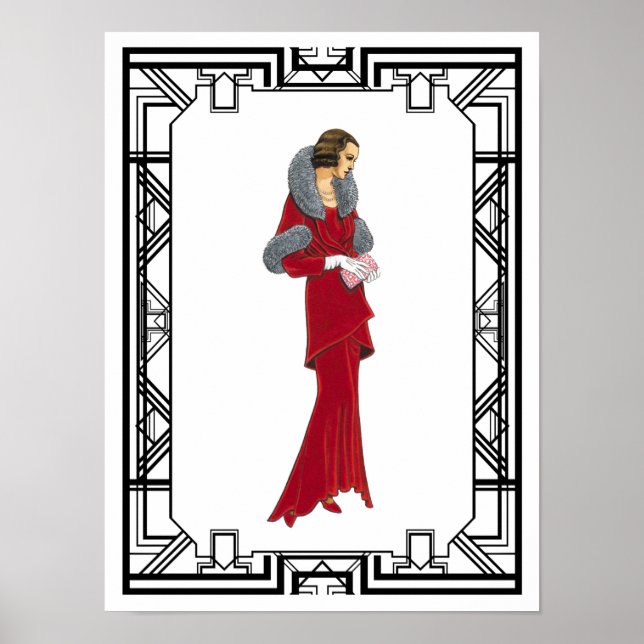 Vintage Red Fur Coat Retro Fashion Illustration Poster (Front)