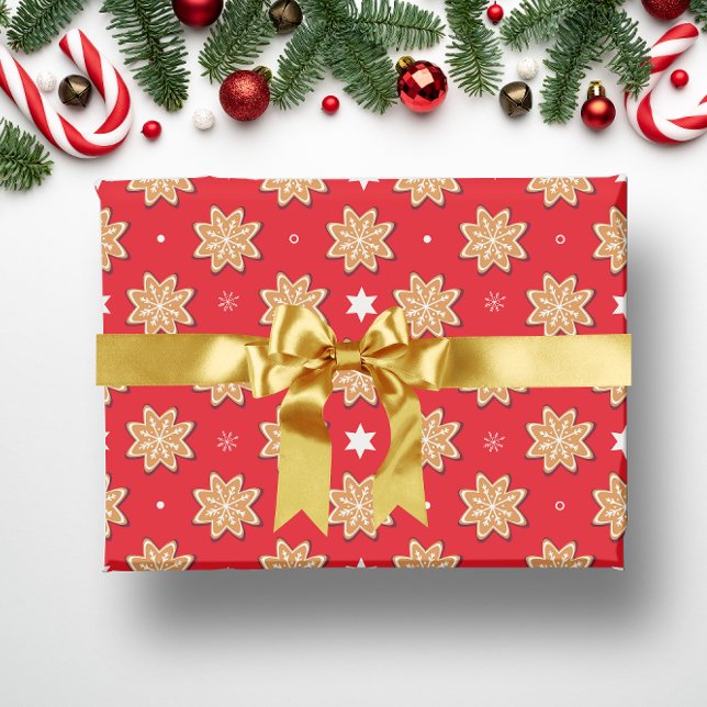Vintage Red Gingerbread Star Christmas Cookies Wrapping Paper (RED FLORAL CHRISTMAS WRAPPING PAPPER)