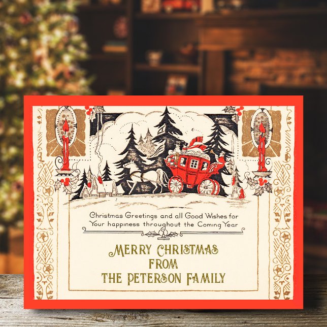 Vintage Red Gold Christmas Greetings Carriage Snow Postcard (Creator Uploaded)