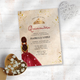 Vintage Red Gold Elegant Dress Quinceañera  Invitation