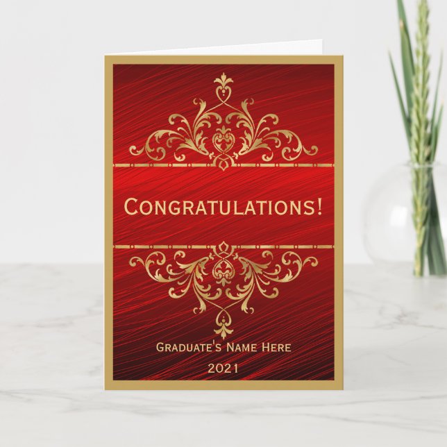 Vintage Red Gold Glam Congratulations Graduation Card (Front)