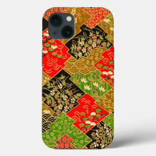Vintage Red Gold Green Japanese Kimono Floral iPhone 13 Case