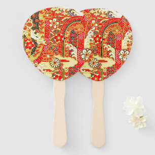 Vintage Red Gold Japanese Kimono Floral Flower Hand Fan