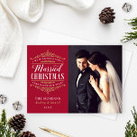 Vintage Red Gold Married Christmas Wedding Photo Holiday Card<br><div class="desc">Elegant "We wish you a Married Christmas and Happy New Year" holiday photo cards for a newlywed couple includes an ornate gold vintage typography design with beautiful scroll detail and custom text you can personalise with a sweet and simple message from the newly married couple. Red background colour. The back...</div>