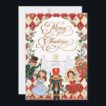 Vintage Red Gold Nutcracker Merry Christmas Holiday Card<br><div class="desc">This whimsical design features magical characters from one of the most loved Christmas tales of all time,  The Nutcracker,  and elegant greenery wreath on a festive diamond chequerboard pattern in red,  vintage white and gold.</div>