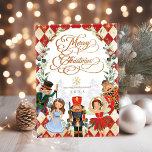 Vintage Red Gold Nutcracker Merry Christmas Holiday Card<br><div class="desc">This whimsical design features magical characters from one of the most loved Christmas tales of all time,  The Nutcracker,  and elegant greenery wreath on a festive diamond chequerboard pattern in red,  vintage white and gold.</div>