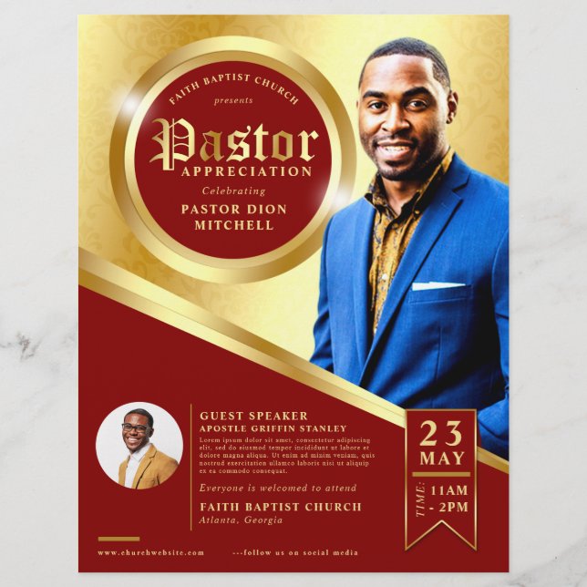 Vintage Red & Gold Pastor Appreciation Church Flyer (Front)